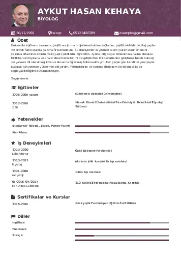 Biyolog CV Örnekleri cv indir